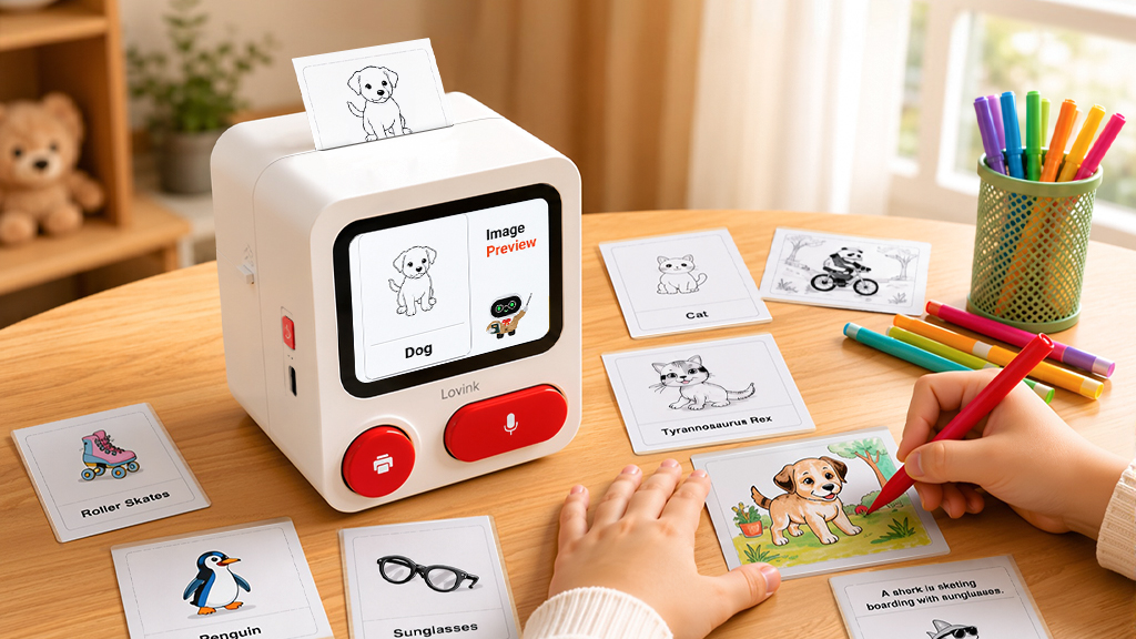 Lovink printer on a family table with printable learning cards, sticker-style artwork, and a child coloring a dog card