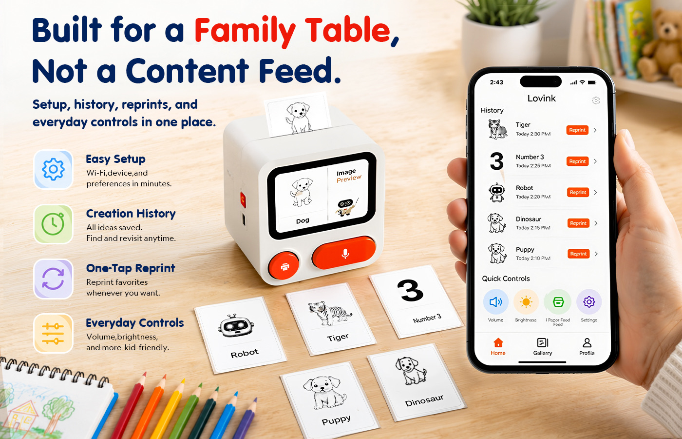 Lovink printer and companion app on a family table, showing creation history, quick controls, and reprint options