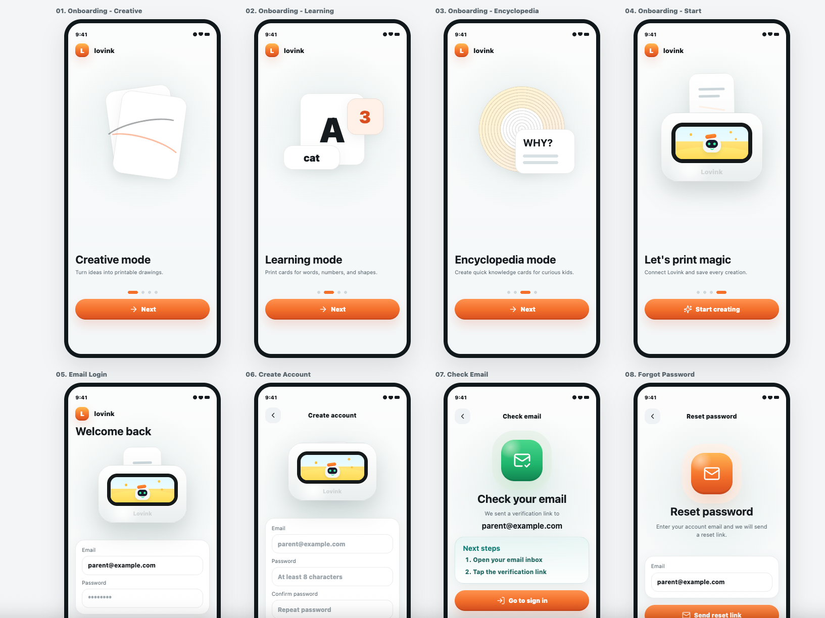 Lovink parent app flow screens for setup and creation history