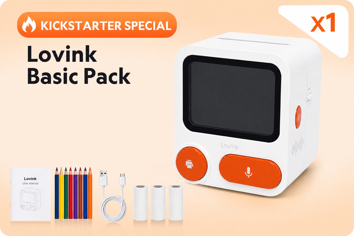 Kickstarter Special Lovink Basic Pack preview with printer, paper rolls, pencils, cable, and guide