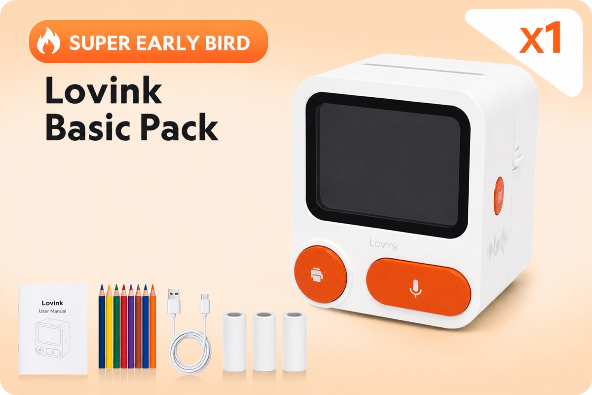 Super Early Bird Lovink Basic Pack preview with printer, paper rolls, pencils, cable, and guide